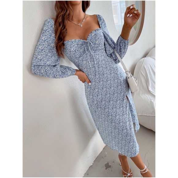 Boho Blue Floral Print Sweetheart Neck Slit Midi Dress - Picture 4 of 4